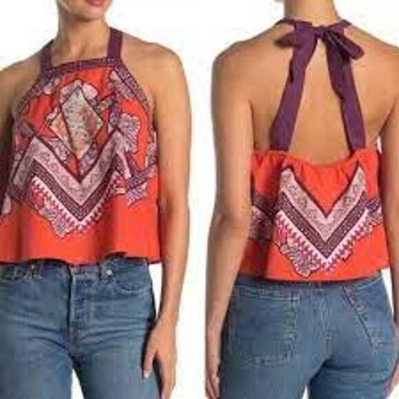 Free People Cool Cabana Tank Open Back Batik Print Red Geometric Women Small - Picture 1 of 11